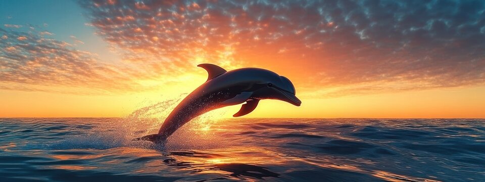 Dolphin leaping above ocean waves at golden sunset with dramatic clouds, sparkling water and a joyful, serene mood