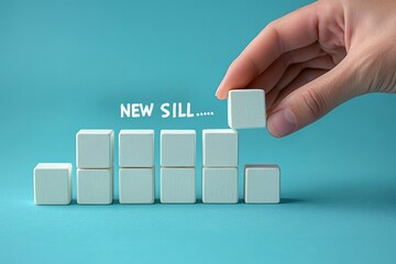Hand placing a white wooden cube on stacked white cubes arranged like a bar chart with handwritten text "NEW SILL....." on a turquoise background, conveying progress and optimism