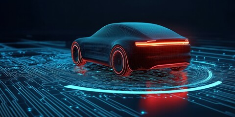 dynamic futuristic wireframe sports car with glowing neon taillights on a digital circuit grid, sleek high-tech atmosphere