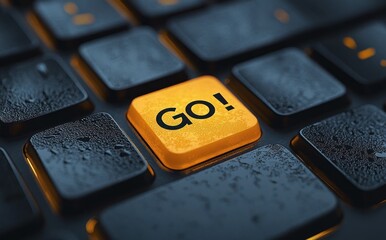Close-up of a dark wet computer keyboard with a glowing yellow go key on textured black keys, conveying urgency, energy and readiness to start