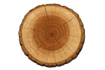 Circular wood slice displaying annual growth rings, bark edge, and cracked surface, symbolizing age and nature, isolated