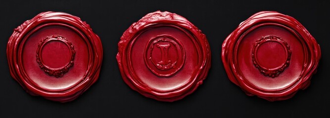 Three glossy red wax seals with ornate embossed centers on a black background, arranged in a row; elegant, formal and mysterious tactile impression