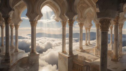 Ornate Arches and Columns Overlooking a Dreamlike Cloudscape.