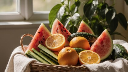 Fresh Fruit and Vegetables Basket by the Window.