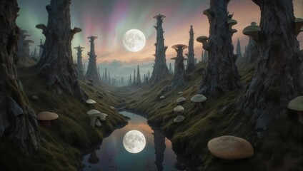 Mystical Alien Landscape with Twin Moons and Reflective Waters.