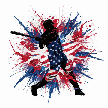 Baseball Player Silhouette with American Flag Splatter Design.