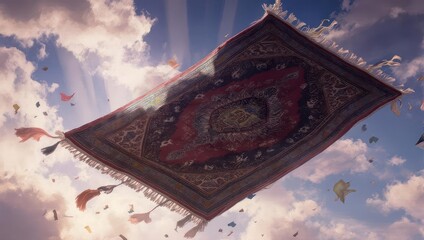 Enchanting Flying Carpet Soaring Through a Cloudy Sky with Mystical Aura.