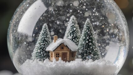Snow globe with miniature house and evergreen trees, winter scene.