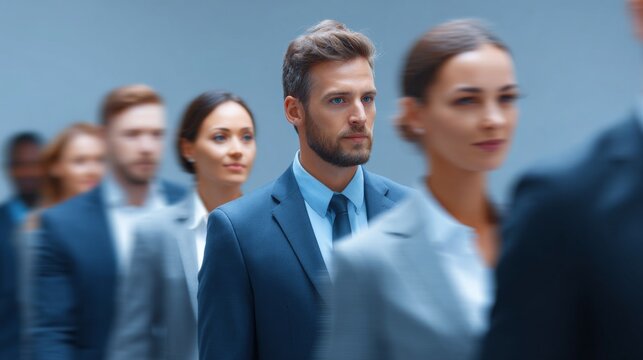 Focused group of professionals confidently walking in a line towards a common goal. They are dressed in formal attire, expressing determination and purpose.