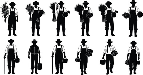 Black Silhouette Vector Set of Male Farmers, Featuring Various Agricultural Workers Holding Crops and Harvest Baskets for Farming, Gardening, and Rural Concepts,