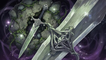 Two fantasy swords crossed with magical glowing effects and a mystical background.