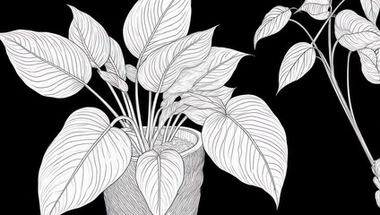 Detailed monochrome illustration of potted plants against a black background.