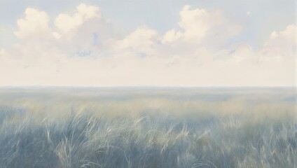 Serene Coastal Meadow - A Tranquil Landscape Painting with Soft Hues.