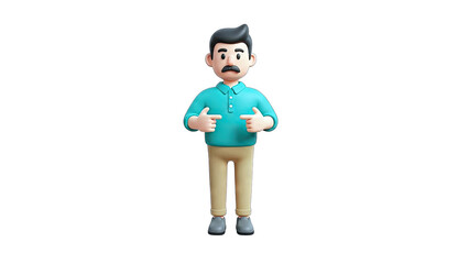 3D Cartoon Man Pointing at Himself on White Background