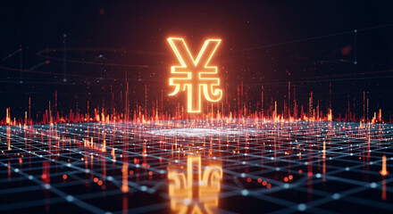 Glowing Neon Chinese Yuan Symbol on Grid Background with Vibrant Digital Waves and Graphs