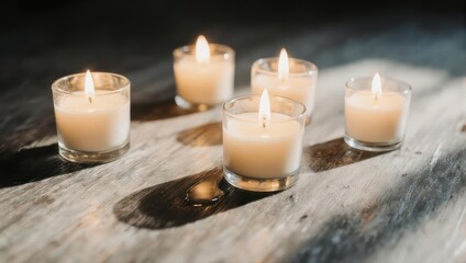 Warm glow of candles on rustic wooden surface creating a serene ambiance.