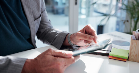 Man, hands or scroll in office with tablet for financial report, statistics review or data analysis. Analyst, person or research in workplace with tech for charts, finance planning or email feedback.
