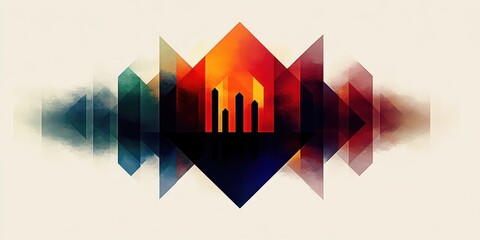Symmetrical geometric composition with central glowing orange diamond, dark inverted triangle and vertical pillar silhouettes resembling a skyline, mirrored smoky gradients and moody contrast