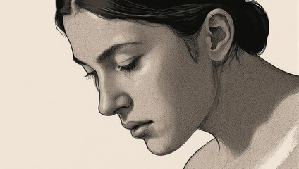Contemplative Portrait of a Woman with Downcast Eyes in Detailed Illustration.