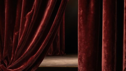 Red velvet stage curtains partially open revealing a dark, empty stage, creating an atmosphere of anticipation and mystery.