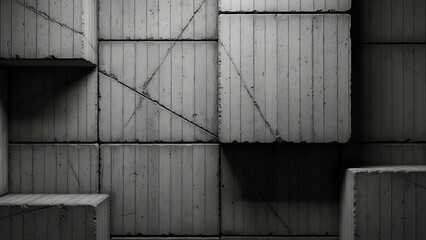 Close-up view of stacked concrete blocks with a geometric pattern in shades of gray against a dark background.