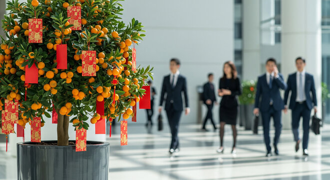 Vibrant Office Mandarin Orange Tree Decor with Business Professionals Walking in Background on Chinese New Year Celebration