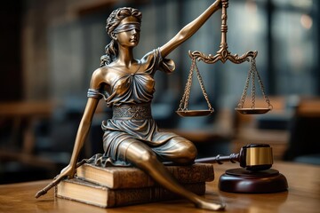 bronze statue of a seated woman holding balanced scales and a sword atop stacked law books with a gavel, evoking solemn dignity and balanced justice