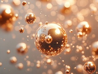 Floating reflective golden spheres and tiny glittering particles in warm bokeh, evoking a magical shimmering and luxurious mood