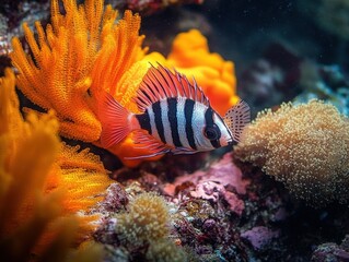 Obraz premium Striped tropical fish with red fins swimming among vibrant orange coral and soft beige anemones on a colorful underwater reef, evoking calm wonder