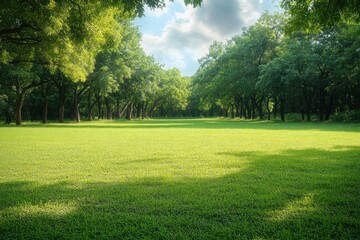 sunlit grassy clearing edged by a dense green tree canopy under a blue sky with fluffy clouds, peaceful and serene