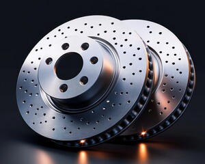 pair of polished drilled and vented brake discs on a dark backdrop with warm reflective highlights, sleek and precise high performance automotive parts