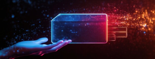 outstretched glowing hand presenting a translucent neon holographic panel with streaming golden particle data, futuristic and awe-inspiring atmosphere