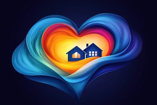 two small houses embraced by a glowing multicolored heart of swirling blue and warm orange brushstrokes, conveying warmth, safety and love
