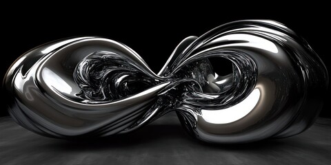 shiny liquid chrome infinity loop sculpture on dark reflective floor, futuristic and mysterious