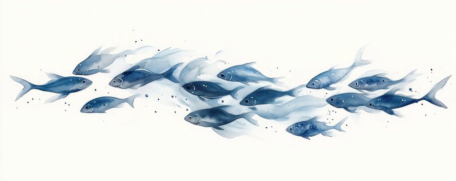 serene school of blue watercolor fish swimming in a flowing formation on a white background