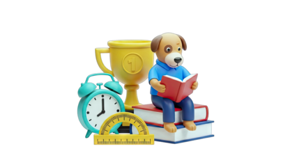 Dog Reading on Books with Trophy and Clock - Education Concept