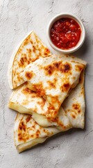 Folded quesadillas with melted cheese oozing out, served with salsa, dish from Mexico on ivory backdrop, food photo, template for social media, digital ads, web banner, mobile wallpaper, greeting card