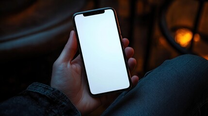 Hand holding smartphone with blank white screen, denim jacket and jeans, warm bokeh evening lighting conveying a cozy contemplative mood