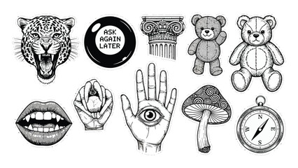 Set of Hand Drawn Illustrations Vector Sketch Collection, Black and White Vintage Tattoo Art Style, Including Leopard, Magic 8 Ball, All Seeing Eye, Teddy Bears, Mushroom, and Compass  © Uttpol Saha