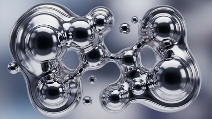 Liquid metal abstract blobs and spheres interconnected, creating a fluid, organic molecular structure with a reflective, shiny surface against a blurred background