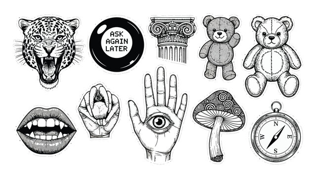 Set of Hand Drawn Illustrations Vector Sketch Collection, Black and White Vintage Tattoo Art Style, Including Leopard, Magic 8 Ball, All Seeing Eye, Teddy Bears, Mushroom, and Compass
