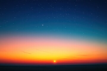 Obraz premium small glowing sun at the horizon beneath a starry twilight sky with vivid orange and blue gradient, serene and tranquil atmosphere