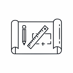 Drawing Blueprint Icon Featuring a Pencil and Ruler Over Rolled Paper, Symbolizing Planning, Architecture, Design, Engineering, and Construction Projects in a Clean Line Art Style