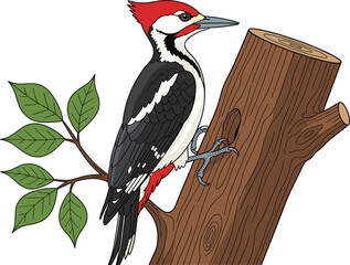 Detailed woodpecker bird illustration perched on a tree trunk branch with green leaves isolated on white background vector. © MdMunzurul