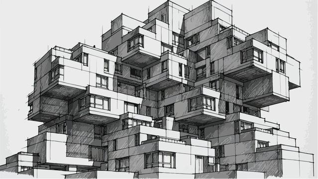Modern modular architecture of the habitat 67 building in montreal sketch