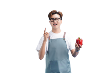 A Chef's Insight: A culinary expert, dressed in a chef's apron and glasses, beams with a smile while presenting a vibrant red bell pepper, signifying fresh ingredients and culinary expertise.