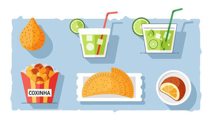 An appetizing flat design illustration showcasing typical Rio Carnival street food and drinks like coxinha, pastel, and caipirinha