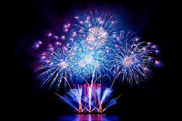 colourful Japan firework display set for celebration happy new year and merry christmas and  fireworks on black background