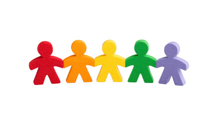 Colorful paper cutout figures in red orange yellow green and purple stand in row symbolizing unity diversity teamwork and friendship on transparency background