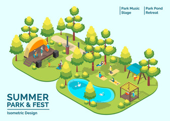 Naklejka premium Cartoon Color Summer Park and Fest Concept Pond Retreat and Music Stage Elements 3d Isometric View. Vector illustration